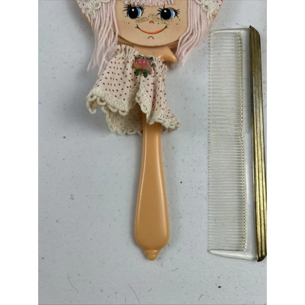 Vintage Child's Doll Face Kitschy Hand Vanity Mirror, Comb, Brush Set